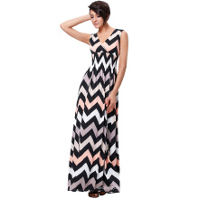 Kate Kasin Women's Sleeveless V-Neck High Stretchy Wave Elastic Waist Stripe Long Maxi Dress KK000236-1